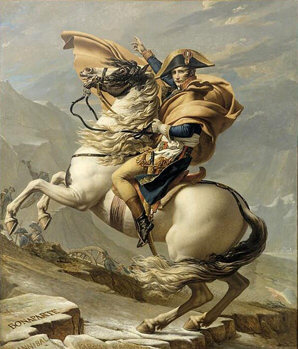 Jacques-Louis DAVID(1748-1825) Primeiro Cônsul cruzando os Alpes na passagem do Grand-Saint-Bernard, 1800.Óleo sobre tela, 259x221.Chateau-Malmaison, Rueil-Malmaison, França.