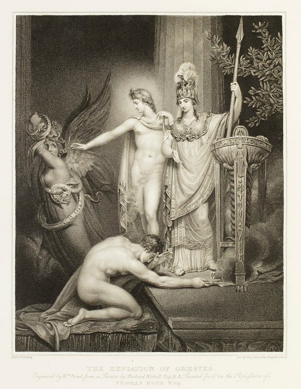 Neoclássico no Reino Unido; Após Richard WESTALL (1765 - 1836) Gravado por William BOND (ativo ca. 1810 - 1834) A Expiação de Orestes, 1810. Gravura a água forte, 23x18,5. Royal Academy of Arts, Londres, UK.