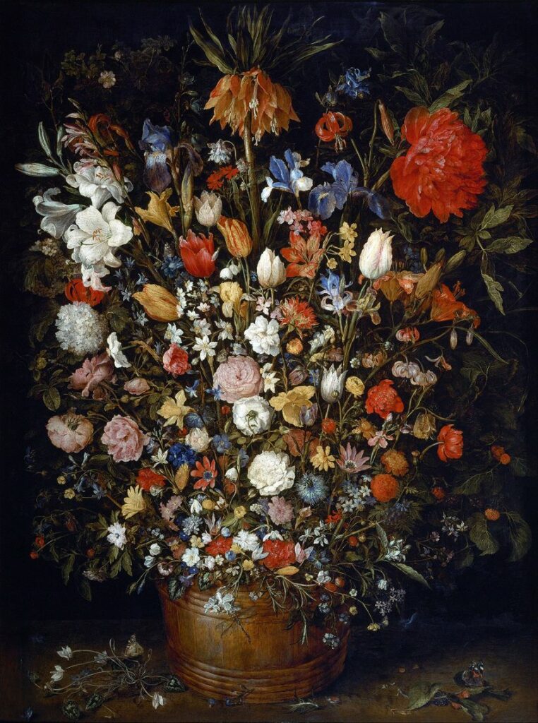Flowers in a Wooden Vessel (1606-1607) by Jan Brueghel the Elder; Jan Brueghel the Elder, Public domain, via Wikimedia Commons