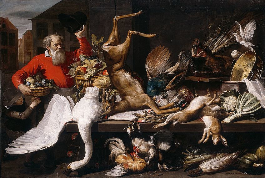 Still Life with Dead Game, Fruits, and Vegetables in a Market (1614) by Frans Snyders; Frans Snyders, Public domain, via Wikimedia Commons; obras e artistas natureza morta