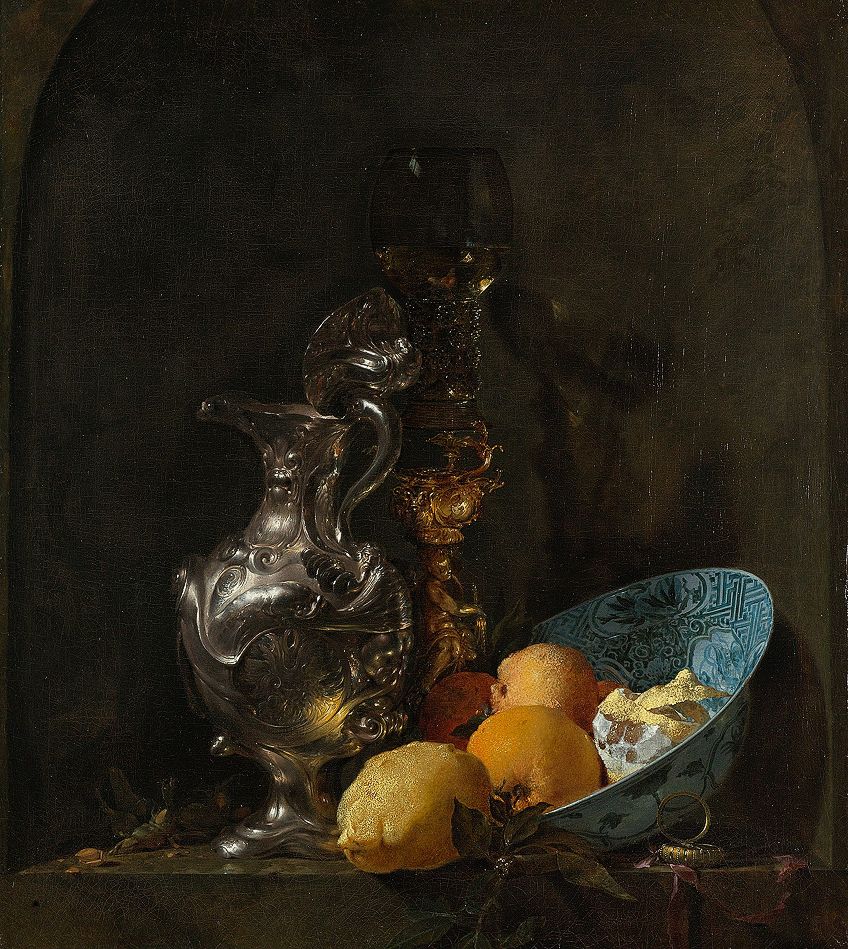 Still Life with a Silver Jug and a Porcelain Bowl (1656) by Willem Kalf; Willem Kalf, Public domain, via Wikimedia Commons