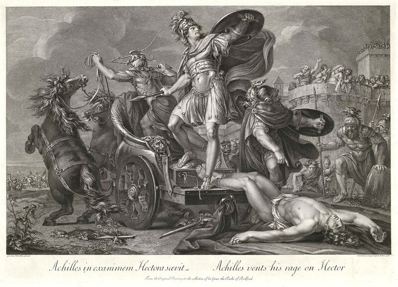 Cantos XXII ao XXIV da Ilíada; Domenico CUNEGO (1724/25 -1803)[2] após Gavin HAMILTON [3] (1723-1798) Aquiles arrasta o cadáver de Heitor atrás de sua carruagem, 1766. Gravura, 44,1x62,6. 