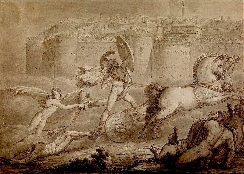 Cantos XXII ao XXIV da Ilíada; Louis GALLAIT (1810-1887) Aquiles arrastando o corpo de Heitor, ca. 1833. Desenho a pincel em aguada cinza, com caneta e tinta cinza e marrom, 47x 65,7. British Museum, Londres, UK.