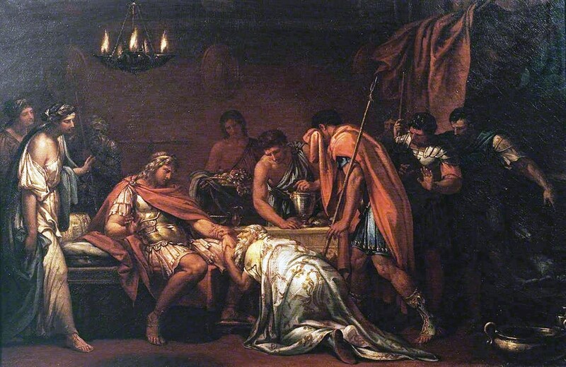 Gavin HAMILTON (1723-1798) Príamo implorando a Aquiles pelo corpo de Heitor, 1775. Esboço a óleo., 63,5×99,1. Tate Britain, Londres, UK. 