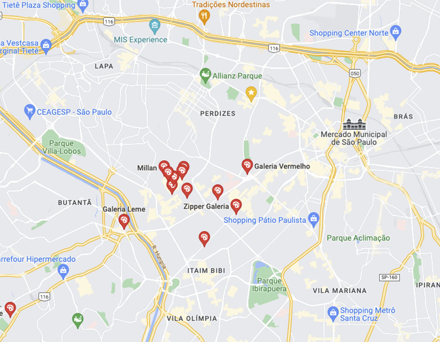 O Mapa de galerias em São Paulo